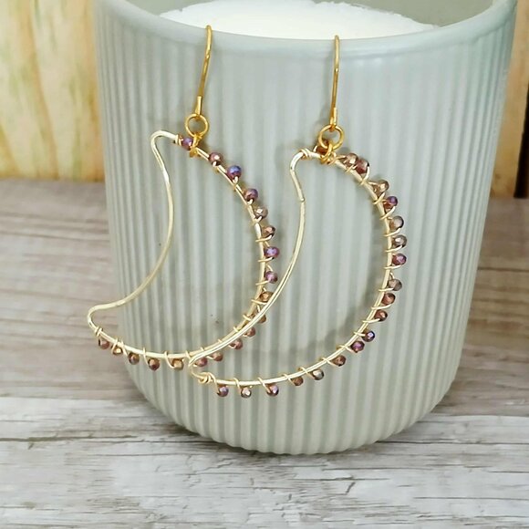 Gold Crescent Moon Beaded Dangle Earrings - 2.5" - Boho Celestial - Picture 3 of 10